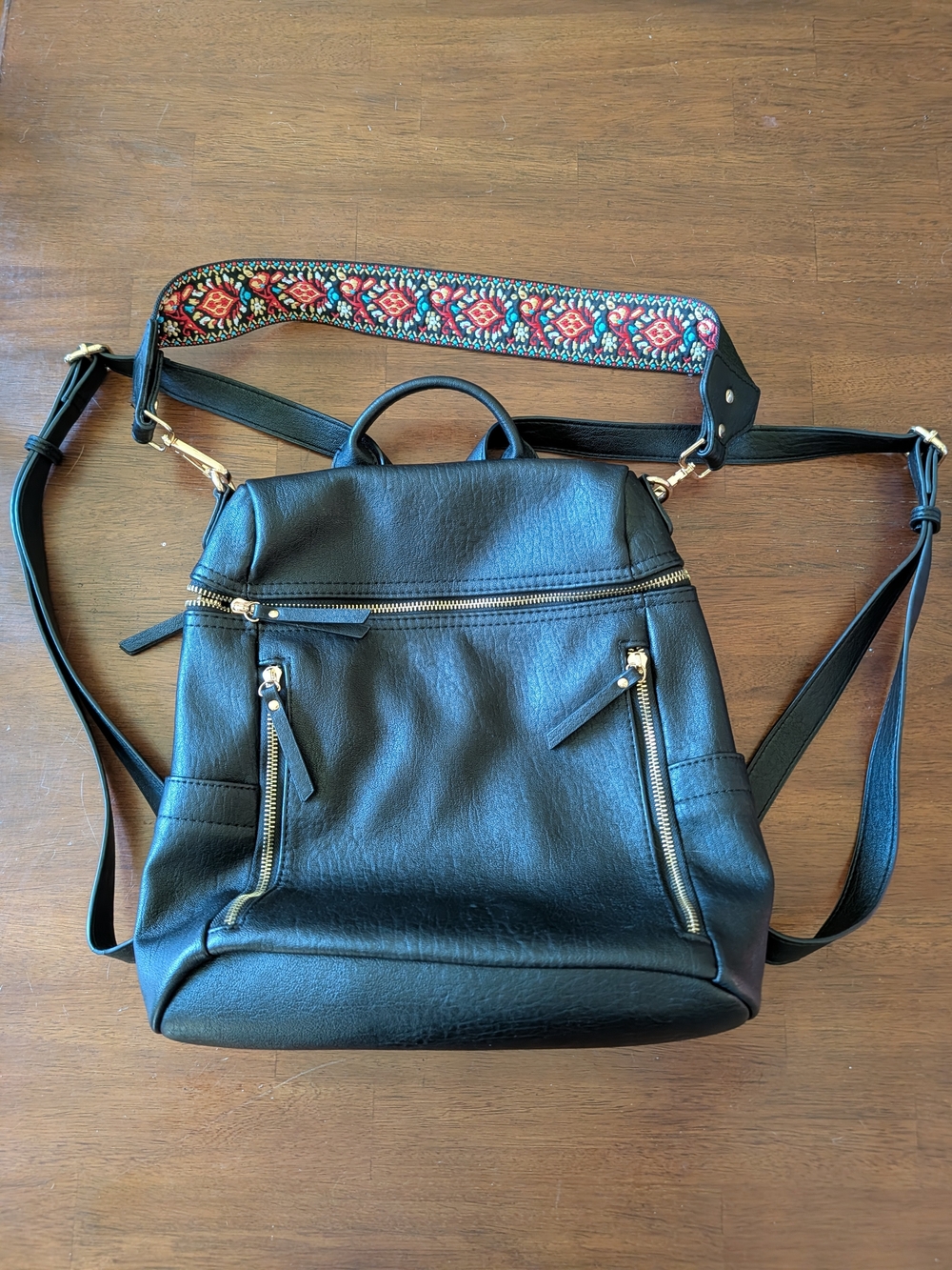 Antik Kraft Black Faux Leather Convertible Backpack with Embroidered Strap